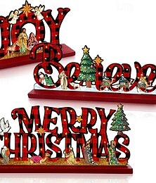 economico -3 decorazioni natalizie in legno, decorazioni da tavola per la natività di Gesù con motivo a quadri di bufalo, cartelli per centrotavola natalizi, design di buon Natale per l'esposizione festiva sulla