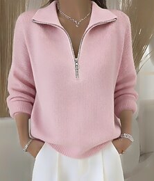 abordables -Femmes Pull Élégant Occasionnel Doux Couleur Unie Côtelé Col en V Tricoté manche longue Hauts Réguliers Tricoter Extérieur Quotidien Week-end Noir Blanche Automne Hiver