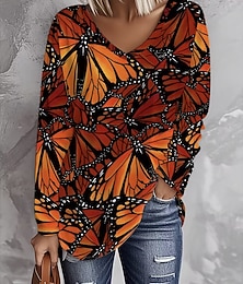 billige -Dame T skjorte Grafisk Sommerfugl Årgang Stilfull Fritid Langermet V-hals Vanlige topper Daglig Trykt mønster Oransje Vår Høst