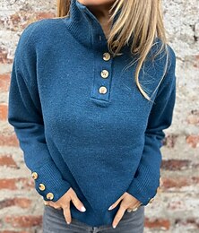 billiga -Dam Tröja Ledigt Mjukt Ren färg Ribbad Polokrage Stickat Långärmad Vanliga toppar Sticka Utomhus Dagligen Helgen Blå Svart Höst Vinter