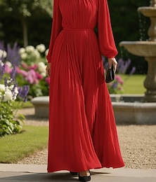 abordables -Vestido de Noche A-Line Rojo Elegante Formal Vestido Formal de Boda Largo de Piso de Manga Larga Cuello Alto con Bolsillo de Chiffon Elástico con Pliegues Fruncidos