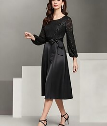 preiswerte -A-Linie Knielang schwarzes kleid Satinkleid Langarm Rundhalsausschnitt Rundausschnitt Elegant Vintage Schwarzes Kleid Formell Hochzeitsgast Satin Stretch Satin Brautmutterkleid mit Schleife(n