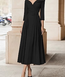 abordables -Ligne A Longueur cheville Longueur thé Robe de Soirée Robe de Cocktail Robe d'invité de mariage Robe de Mère de Mariée  Manche 3/4 Épaules Dénudées Élégant Simple Robe Noire robe demoiselle d honneur