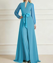 abordables -Combinaisons Traîne Balayage Robe à jupe manche longue Col en V Élégant Simple Formel robe demoiselle d honneur Tissu Extensible Robe de Mère de Mariée  avec Noeud(s)