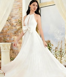 abordables -Vestidos de novia Corte A Cuello halter Sin Mangas Hasta el Suelo Gasa Vestidos de novia Con Lazo(s) Plisado 2025