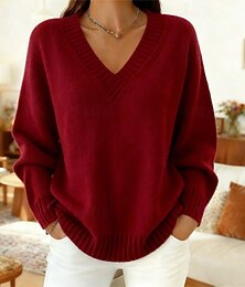 abordables -Femmes Pull Élégant Occasionnel Doux Couleur Unie Côtelé Col en V Tricoté manche longue Hauts Réguliers Tricoter Extérieur Quotidien Week-end Bleu Rose Claire Automne Hiver