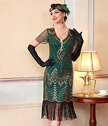 preiswerte -Goldene Zwanziger 1920er Knielang Flapper Kleid Kurze Ärmel Der große Gatsby Pailletten Fransen V Ausschnitt Kostüm Damen Weihnachten Karneval Maskerade Retro-Mottoparty Charleston-Tanz Erwachsene