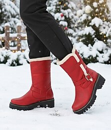 Недорогие -женские красные сапоги с подкладкой из овчины — водонепроницаемые теплые зимние сапоги с нескользящей подошвой и пряжкой, идеально подходят для Рождества, улицы и холодной погоды