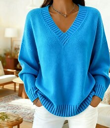abordables -Femmes Pull Élégant Occasionnel Doux Couleur Unie Côtelé Col en V Tricoté manche longue Hauts Réguliers Tricoter Extérieur Quotidien Week-end Bleu Rose Claire Automne Hiver