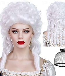 halpa -Hiusmyssy valkoinen kihara barokkiperuukki kiharat 1700-luvun peruukki synteettinen nuttura valkoinen naispuolinen tuomari asianajaja peruukit puuteriperuukit naisille cosplay halloween-asu joulu