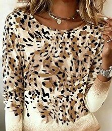 Недорогие -Жен. Большие размеры Футболка Графика Леопард Мода Стиль Классический Длинный рукав Вырез под горло V-образный вырез Обычные топы Повседневные На выход выходные С принтом Хаки Весна Осень