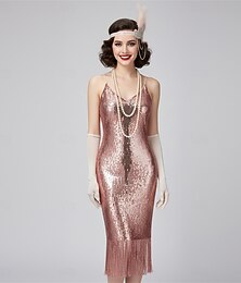 preiswerte -Set Goldene Zwanziger 1920er Knielang Flapper Kleid Outfits Cocktailkleid mit Zubehör Ärmellos Der große Gatsby Flapper-Mädchen Hochzeitsgast Pailletten Fransen V Ausschnitt Kostüm Damen