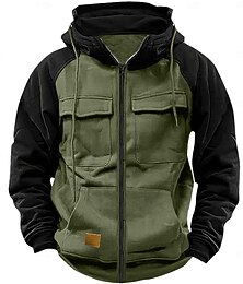 abordables -Homme Sweat à capuche Sweat à capuche zippé intégral Sweat à capuche tactique Bleu Rouge vin Noir Vert Véronèse Kaki À capuche Uni Quotidien Tactique Sport & Loisir Polyester Streetwear Frais