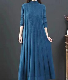 preiswerte -Damen Pullover Kleid Elegant Lässig Weich Einfarbig Gerippt Rollkragen Gestrickt Langarm Lange Oberteile Stricken Outdoor Täglich Wochenende Blau Schwarz Herbst Winter