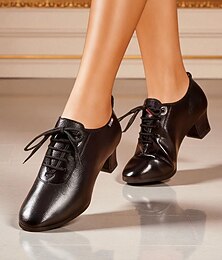 Недорогие -Женские черные профессиональные танцевальные туфли на шнуровке - удобные туфли из искусственной кожи для занятий латиной на каблуке, для бальных танцев, тренировок и выступлений