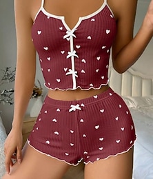 billiga -Dam Pyjamas set Ledigt Komfort Hjärta Elastisk midja Strap Top Shorts Hem Dagligen Ärmlös V-hals Svart Vit Rodnande Rosa Vin Rubinrött Sommar Vår Höst Smal passform
