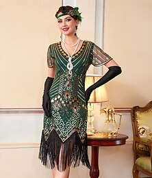 preiswerte -Goldene Zwanziger 1920er Knielang Flapper Kleid Kurze Ärmel Der große Gatsby Pailletten Fransen V Ausschnitt Kostüm Damen Weihnachten Karneval Maskerade Retro-Mottoparty Charleston-Tanz Erwachsene