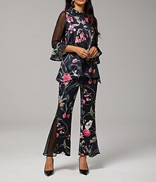 abordables -Chemisier femme noir imprimé floral en mousseline extensible manches col bateau décontracté quotidien printemps été automne