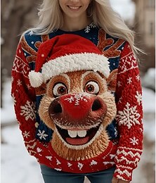 abordables -Femmes Pull Mignon Streetwear Occasionnel Graphique père Noël Flocons de neige Col ras du cou Patchwork Tricoté manche longue Hauts Réguliers Tricoter Noël Soirée Fête Marron Rouge Blanche Printemps