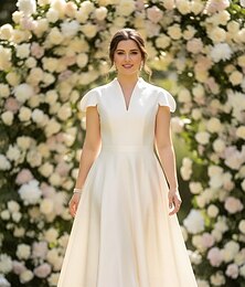 voordelige -A-lijn Over de knie Feestjurk Cocktail jurk Trouwjurken Bruidsdouchejurken Bruidsjurk Elegant Open rug Bandjes V-hals Formeel valmistuminen Satijn met Plooien