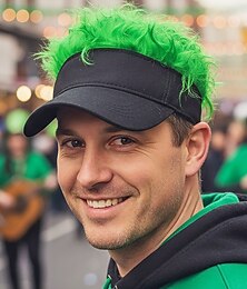 abordables -Casquette à visière en polyester pour homme avec fausse perruque colorée, disponible en plusieurs couleurs, idéale pour la Saint-Patrick, le carnaval et les fêtes.