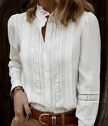 preiswerte -Damen Bluse Rüsche Lochmuster Knöpfe Einfach Elegant Vintage Niedlich Langarm Hoher Ausschnitt Normale Oberteile Täglich Arbeit Ferien Weiß Frühling Herbst