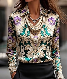 preiswerte -Damen Hemd Elegant Satin-Top Seiden-Oberteile Druck Drapiert Blumen Elegant Vintage Klassisch Langarm Wasserfallausschnitt Normale Oberteile Täglich Arbeit Ferien Purpur Frühling Herbst