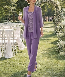 abordables -Combinaison Tailleur-Pantalon Trois Pièces Longueur cheville Robe de Mère de Mariée  Demi Manches Col carré Élégant Formel robe demoiselle d honneur Chiffon Dentelle avec Appliques