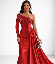 preiswerte -Ballkleid Meerjungfrauen-/Trompetenabend Bodenlange Schleppe Abendkleid Elegant Langarm Ein-Schulter Hochzeit Formell Satin Paillettenbesetzt mit Falten Paillette