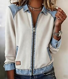 お買い得  -女性用 カジュアルシャツ ブラウス パッチワーク ジッパー 純色 スタイリッシュ ベーシック カジュアル 長袖 折襟 レギュラートップス 日常 アウトドア ストリートウェア ホワイト 春 秋 冬