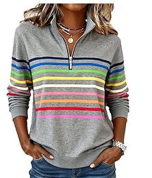 abordables -Mujer Sudadera Retazos Estampado Cremallera de un cuarto Plano A Rayas Elegante Cálido Clásico Manga Larga Escote en Pico Tops regulares Casual Hogar Trabajo Verde Trébol Azul Oscuro Gris Otoño