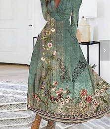 ieftine -Pentru femei Rochie Maxi Rochie A line Vacanță Casual În aer liber Ieșire Fit regulat Floral Grafic Manșon Lung În V Albastru piscină Alb Trifoi Vară Primăvară Toamnă