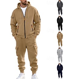 abordables -Homme Sweat à capuche Ensemble Survetement Sweat à capuche et pantalon Ensemble Sweat à Capuche Quotidien Extérieur Vacances Tenue quotidienne Cordon de serrage Zip Up Uni Noir bleu marine Kaki