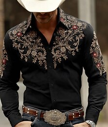 cheap -Men's Paisley Floral Print Ethnic Shirt Western Shirt Cowboy Shirt Long Sleeve Vintage Retro Casual Outdoor WorkWear Spring Fall Turndown 3D Print Button Up Shirts Black+ Khaki Black / Green Black