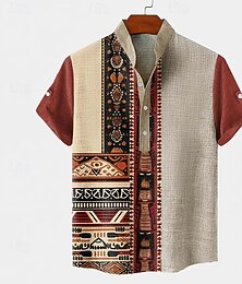 preiswerte -Herren Farbblock Stammes Ethik / Afrikanisch Hemd Durchgeknöpft Hemd Kurzarm Vintage-Retro Ferien Alltagstauglich Sommer Frühling Stehkragen Henley-Kragen 3D-Druck Leinenähnliches Hemd Schwarz Khaki