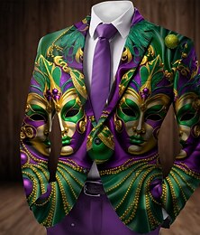 お買い得  -カーニバル 男性用 マスク ブレザージャケット コート ファッション 快適 高通気性 アーティスティック カジュアル パーティーイブニングウェア カジュアル 祭り ポケット 3Dプリント ボタン オールシーズン ノッチドラペル 長袖 パープル グリーン