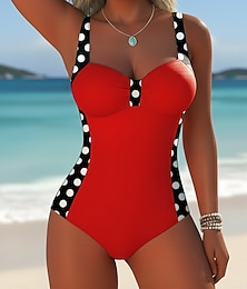 baratos -Maiô Feminino de uma Peça Redutor Calcinhas Colorblock Elegante Moda de Férias Poá Geométrico Decote em V Sem Mangas