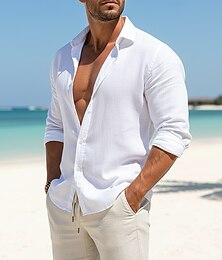 お買い得  -男性用 シャツ リネンシャツ サマーシャツ ビーチウェア ボタンアップシャツ 平織り カジュアル 日常 ブラック ホワイト ピンク グリーン 長袖 カラー 夏 春夏 衣類