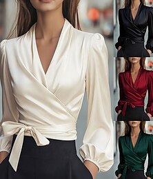 economico -Per donna Camicia Elegant Top in raso Blusa Allacciato Semplice Elegante Manica Lunga Scollo a V Top Regolari Quotidiano Lavoro Ferie Nero Vino Verde Albicocca Estate Primavera Autunno