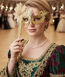 voordelige -Dames Gouden Filigrain Handheld Masker voor Mardi Gras met Bloem Versiering - Elegante Venetiaanse Carnavalskostuum Accessoire voor Feesten  Bals