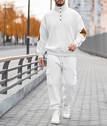 abordables -Homme Sweat-shirt Ensemble Survetement Sweat à capuche gaufré Ensemble de tenues Col montant Quotidien Extérieur Sports Jacquard Cordon de serrage Boutonner Bloc de Couleur Rouge vin Tenues de Sport