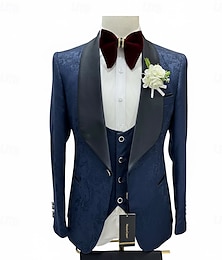 お買い得  -男性用 タキシード ビーチウェディング 春の結婚式 ブルー ブラック 春夏 スーツ ショールラペル パーティー ビジネス ソリッド テイラーフィット 3点セット シングルブレスト 一つボタン