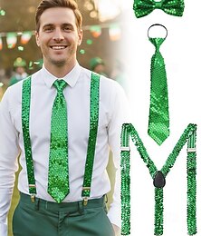 abordables -Ensemble bretelles et cravate à paillettes en polyester pour homme, fermeture éclair, plusieurs couleurs, parfait pour la Saint-Patrick et les fêtes de carnaval.