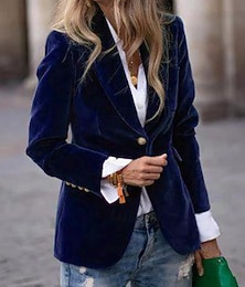 cheap -Women's Blazer Velvet Blazer Comfortable Buttons Fashion Plain Outdoor Formal Regular Turndown Regular Fit Long Sleeve Outerwear Blue Black Red Fall Winter