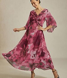 abordables -robe longue à fleurs abstraites pour femme, col en V, nœud sur le devant, manches évasées
