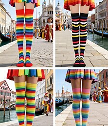 preiswerte -Damenschuhe Mardi Gras Bunte Regenbogen Oberschenkelstrümpfe 4er-Pack - Dehnbare gestreifte Karnevalskostüm-Strümpfe für Frauen lebhafter Festival-Stil für Karneval  Party-Outfits