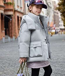 baratos -Infantil Para Meninas Jaqueta de penas Casaco puffer Côr Sólida Esportes Bolsos Mantenha Quente A prova de Vento Ao ar livre Casaco agasalhos 5-12 anos Inverno Azul Preto Rosa