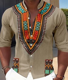 cheap -Men's Geometric Pattern Ethnic Indian Culture Shirt Button Up Shirt Stand Collar Shirt Long Sleeve Vintage Retro Daily Outdoor Vacation Spring Fall Mandarin Collar Band Collar 3D Print Linen Like