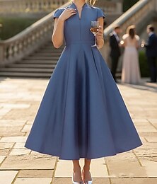 abordables -Corte A Hasta el Tobillo Vestido de Fiesta Vestido Cóctel Vestido de Madrina Correas Escote en Pico Cuello Alto Elegante Sencillo Formal Invitado a la boda Fiesta de Cóctel Satén con Cinta / Lazo