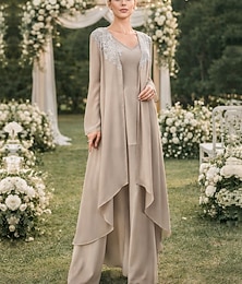abordables -Combinaison Tailleur-Pantalon Trois Pièces Longueur au sol Robe de Mère de Mariée  Sans manches Col en V Élégant Formel robe demoiselle d honneur Chiffon Dentelle Echarpe incluse avec Perlage